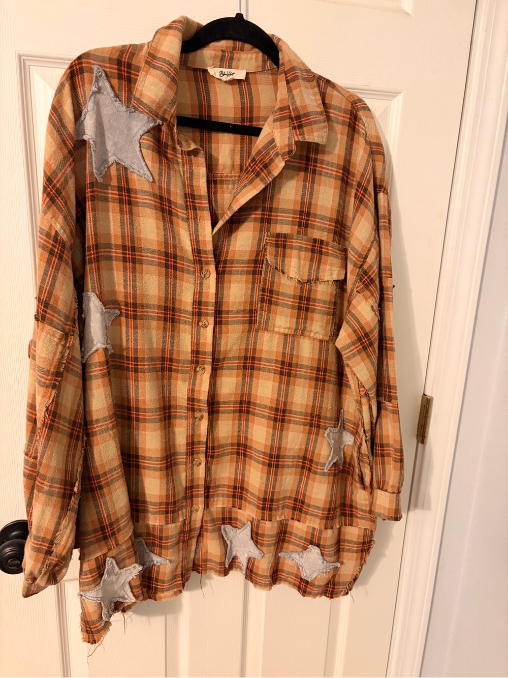 Blue Velvet Orange Plaid Star Patch over sized shirt or shirtdress